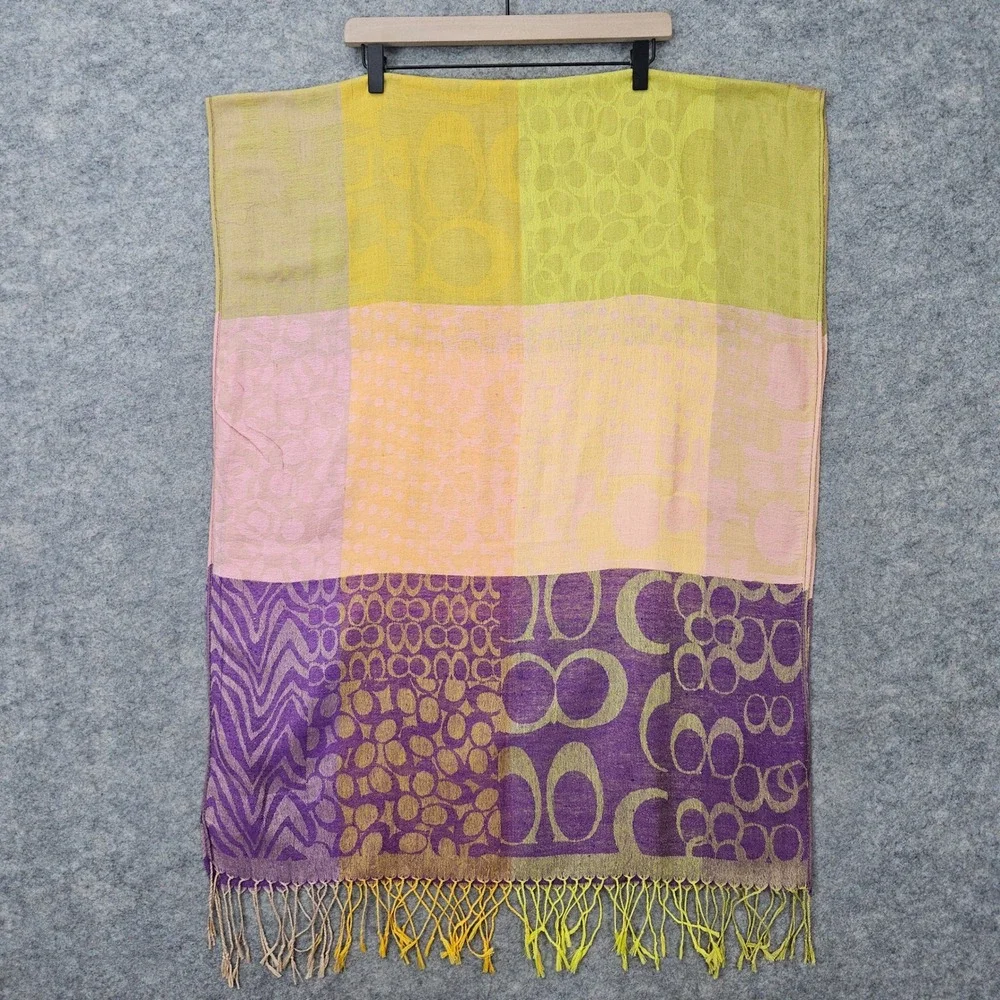 Coach Women's Multicolor Pashmina‎ Scarf OS Colorblock Geometric Fringe Boho